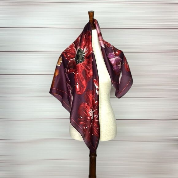 Ellen Tracy Silk Scarf Plum Color Poppy Flowers Print - Picture 2 of 11